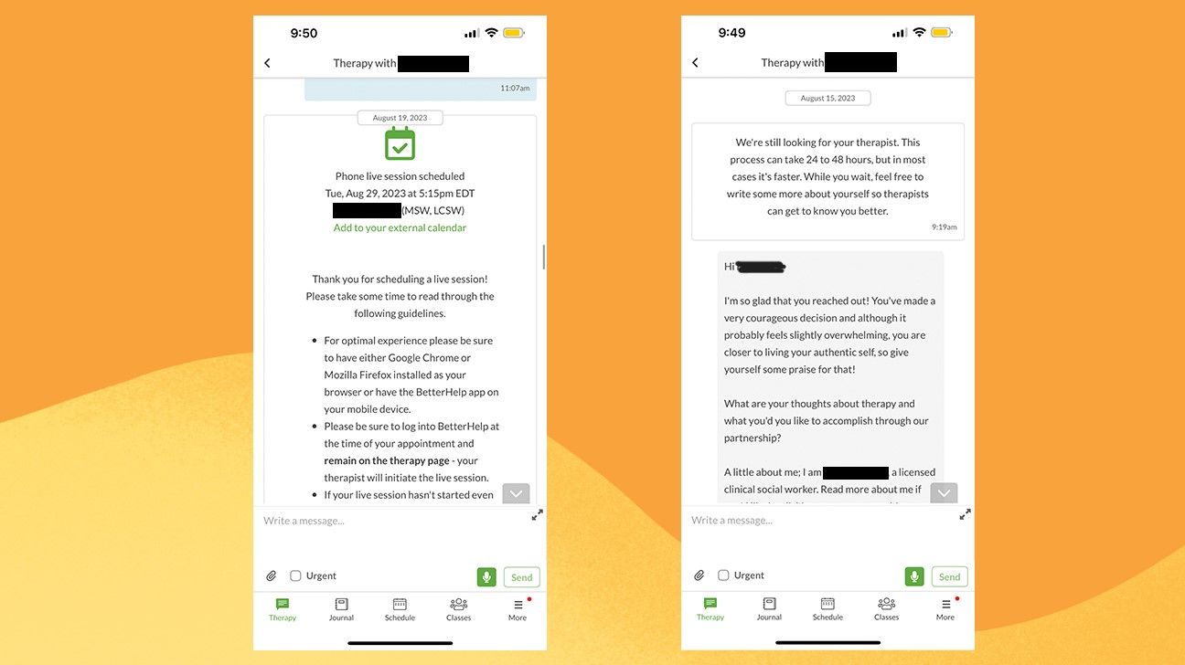 screenshots of the messaging platform available in BetterHelp's app